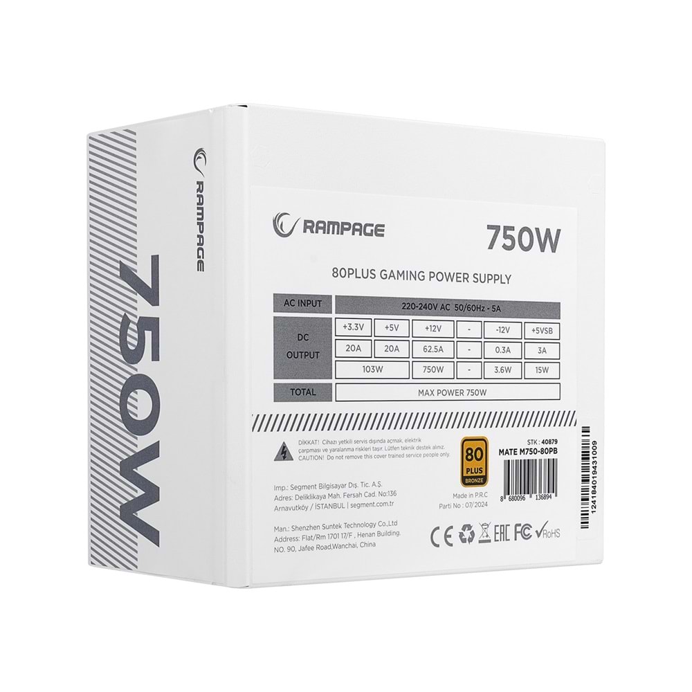 RAMPAGE 750W 80+ BRONZE MATE M750-80PB TAM MODULER POWER SUPPLY Beyaz