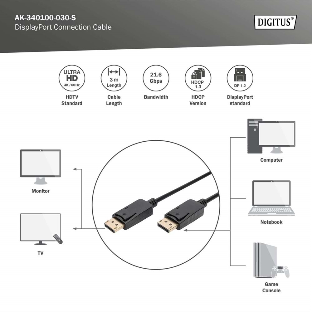 DIGITUS DP Görüntü Kablosu 3m (AK-340100-030-S)