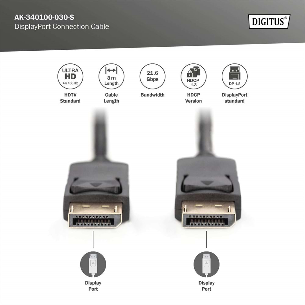 DIGITUS DP Görüntü Kablosu 3m (AK-340100-030-S)
