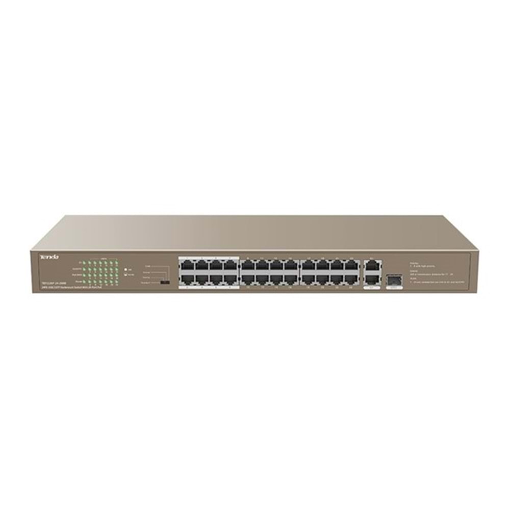 TENDA 24port PoE 250w 1-SFP 2port Gigabit 10/100 Yönetilemez Switch TEF1126P-24-250W