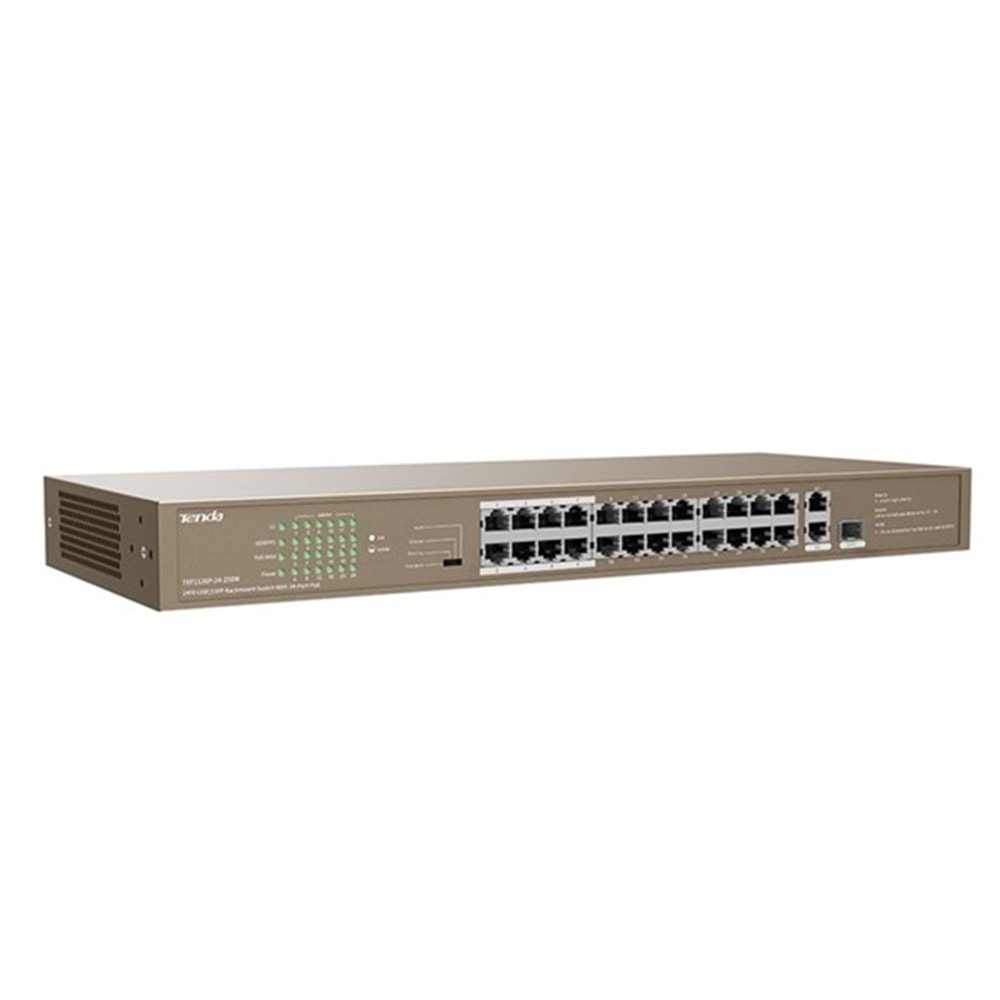 TENDA 24port PoE 250w 1-SFP 2port Gigabit 10/100 Yönetilemez Switch TEF1126P-24-250W