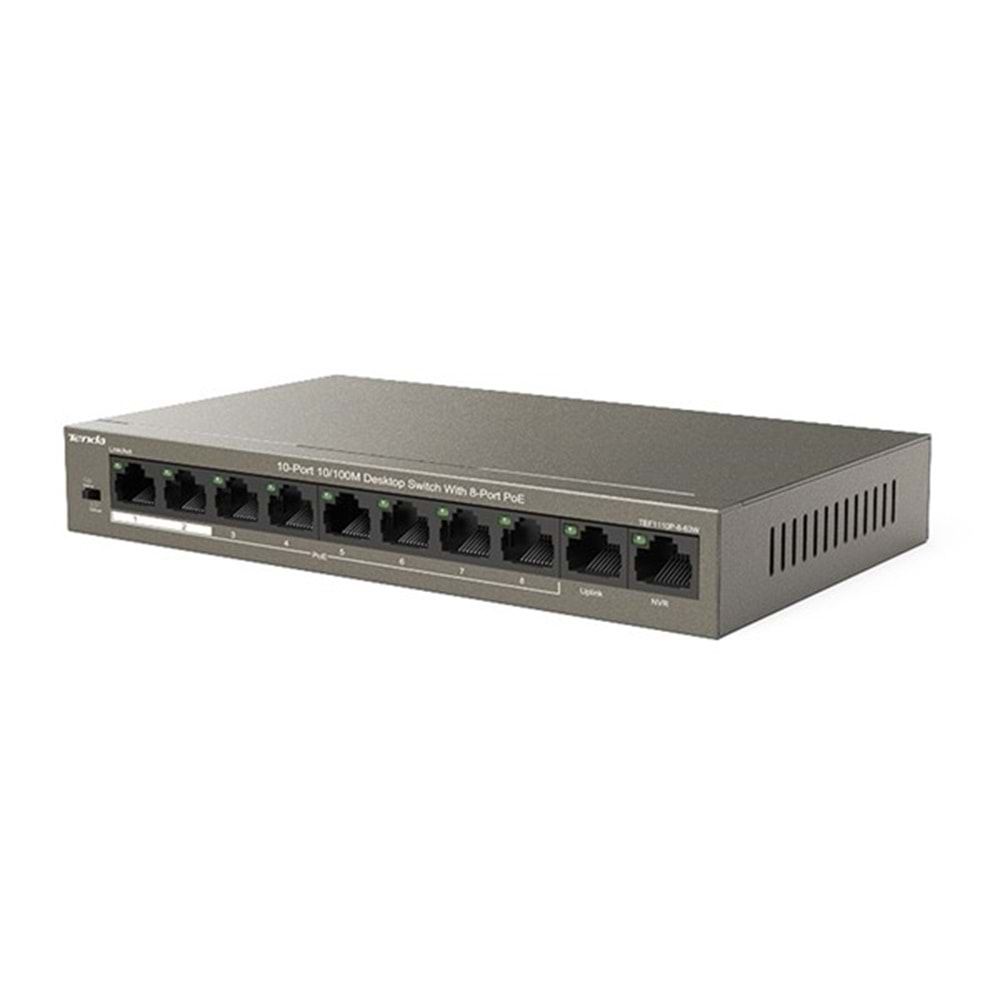 TENDA 8port PoE 63w 10/100 Yönetilemez Switch TEF1110P-8-63W