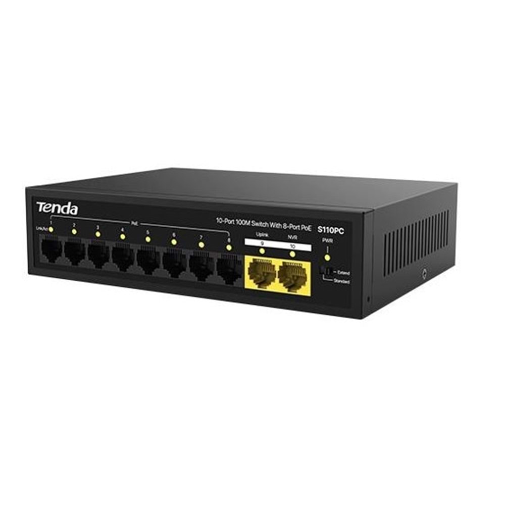 TENDA 8port PoE 80w 2-Uplink 10/100 Yönetilemez Switch S110PC