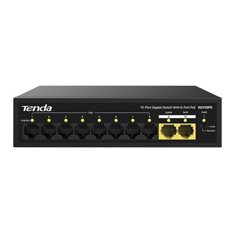 TENDA 8port PoE 100w 2-Uplink Gigabit Yönetilemez Switch SG110PC