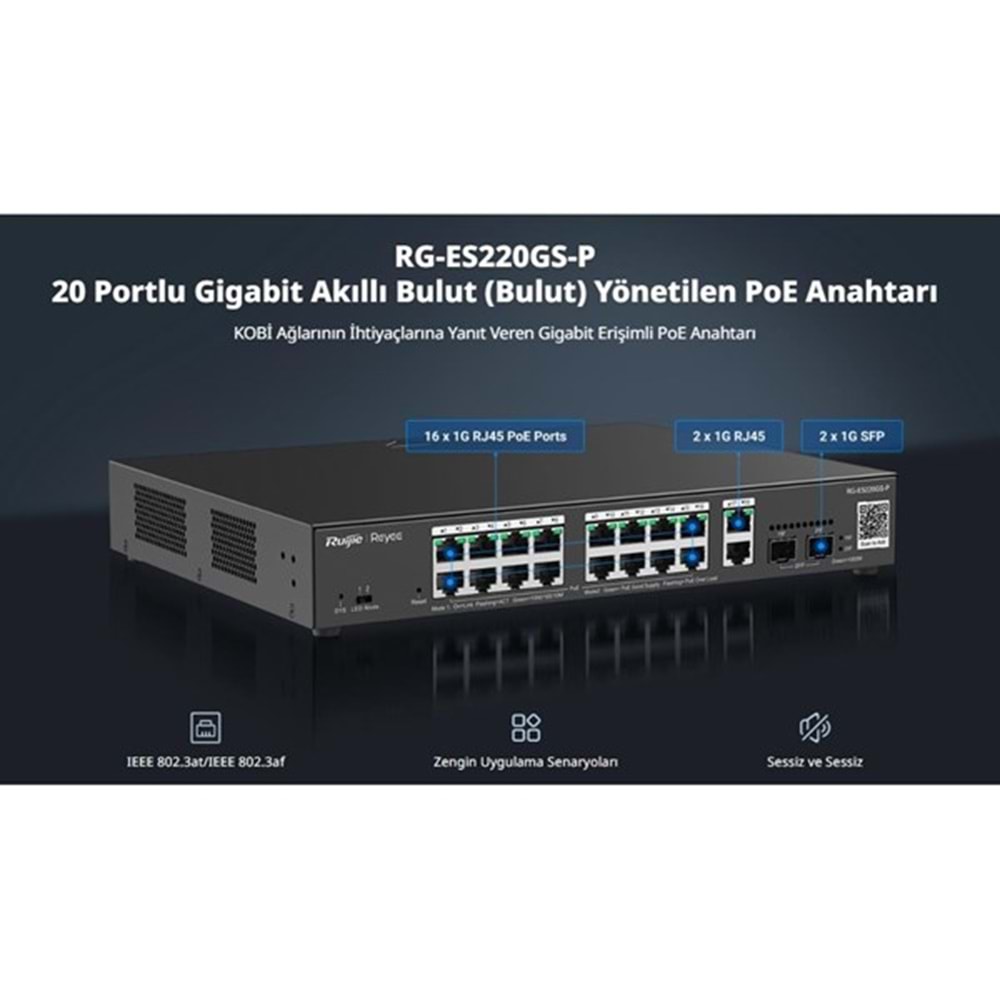 RUIJIE 16port PoE 250w 2-SFP 2-Uplink Gigabit Yönetilebilir Switch RG-ES220GS-P