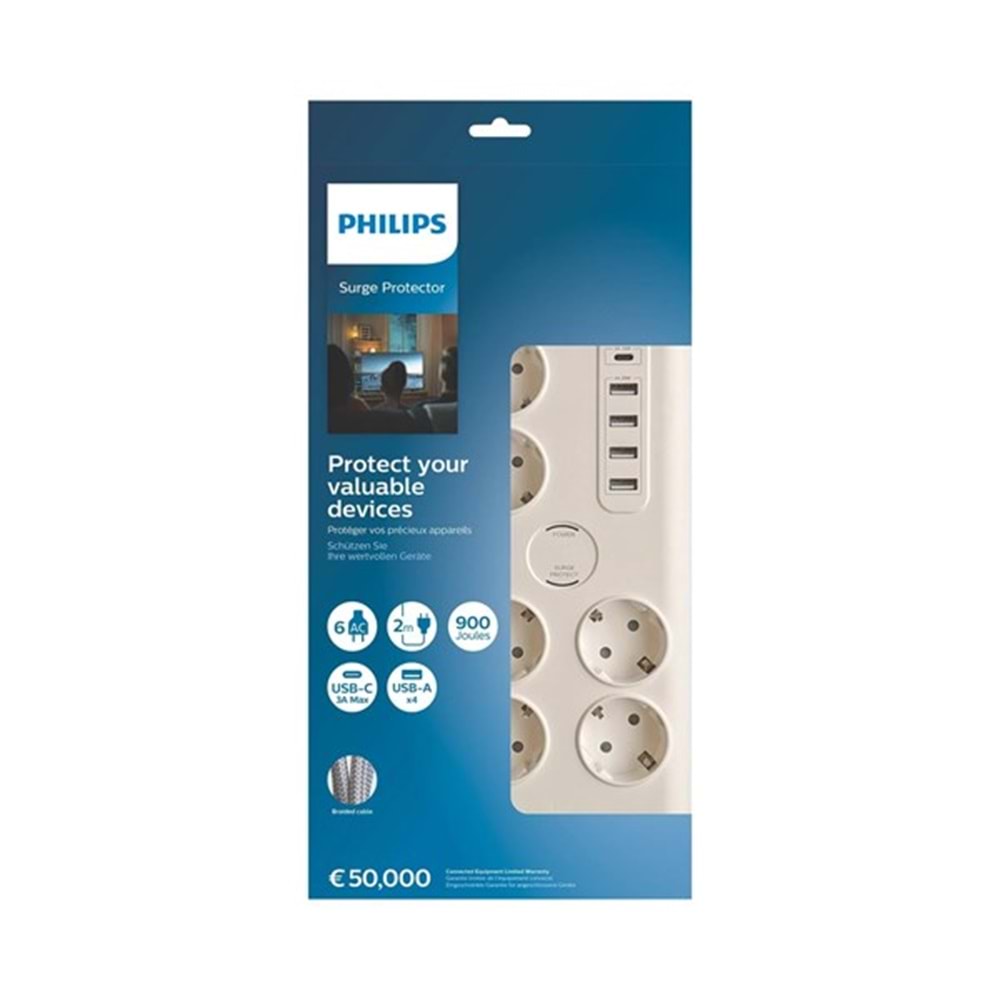 PHILIPS 6-lı SPN7060WA/62 900 Joules Akım Koruma Prizi Beyaz 4-USB/1-TYPEC