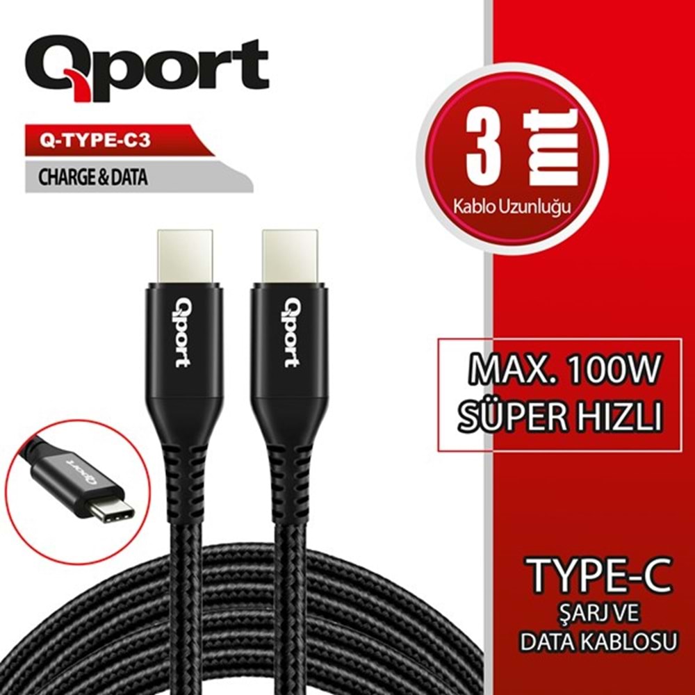 QPORT 3metre Q-TYPE-C3 TypeC Görüntü Kablosu