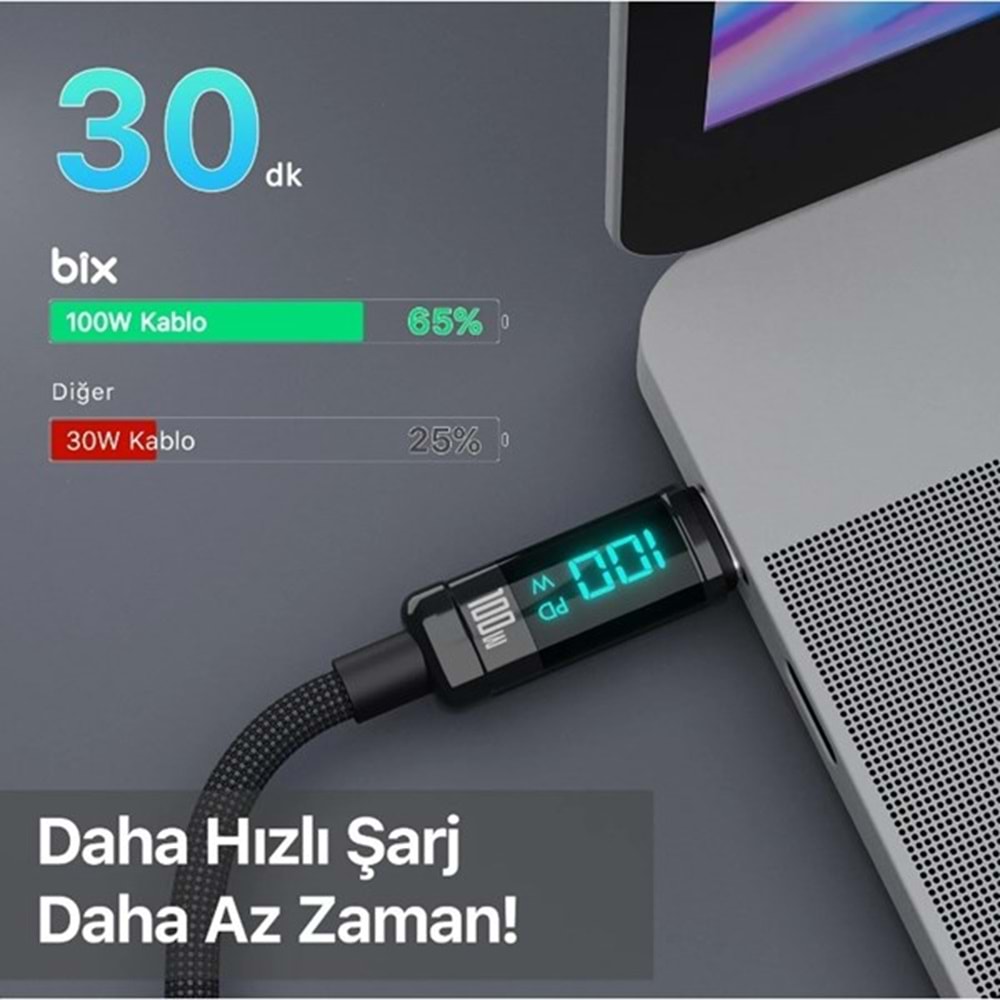 BIX 1metre BX09CC-BK 100w Dijital Ekranlı Şarj Kablosu Siyah