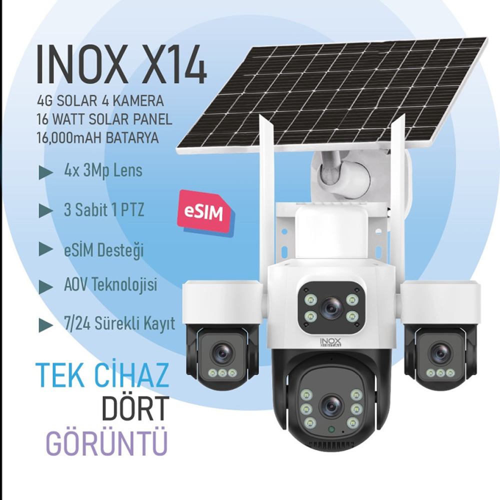INOX 3MP 4Lens PT Speed Dome 3.6mm IP Solar Kamera E-Sim X14