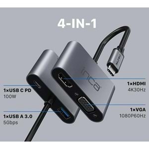 INCA ITPC-06T 0.15metre TYPE-C - HDMI_VGA(D) Görüntü Adaptörü Gümüş 100W