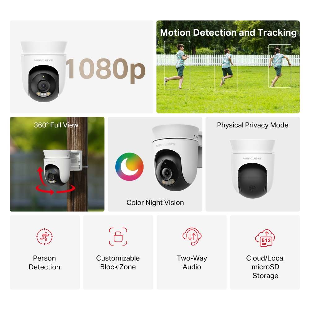 MERCUSYS 2mp 4mm Kablosuz Wıfı Pan-Tilt Harici IP Kamera MC500